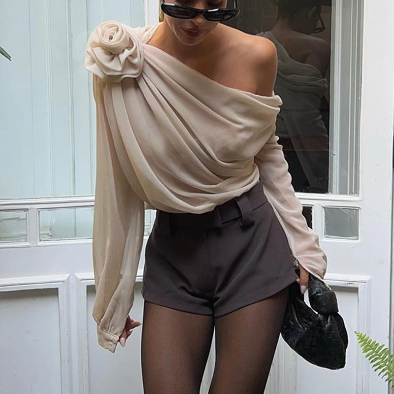 Sexy Off Shoulder Net Yarn Pleated Blouse Summer New Long Sleeve Solid Thin Temperament Shirt Tops Fashion Y2K Women Clothing