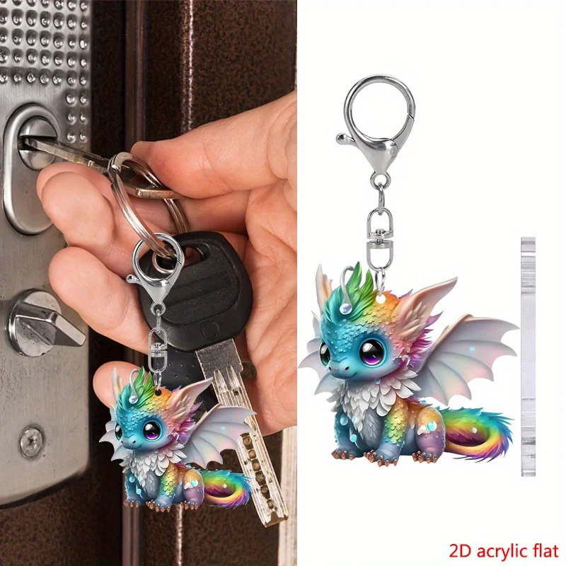 1pc 2D Colored Little Flying Dragon Acrylic Keychain Cute Rainbow Dragon Keyring Bag Decoration