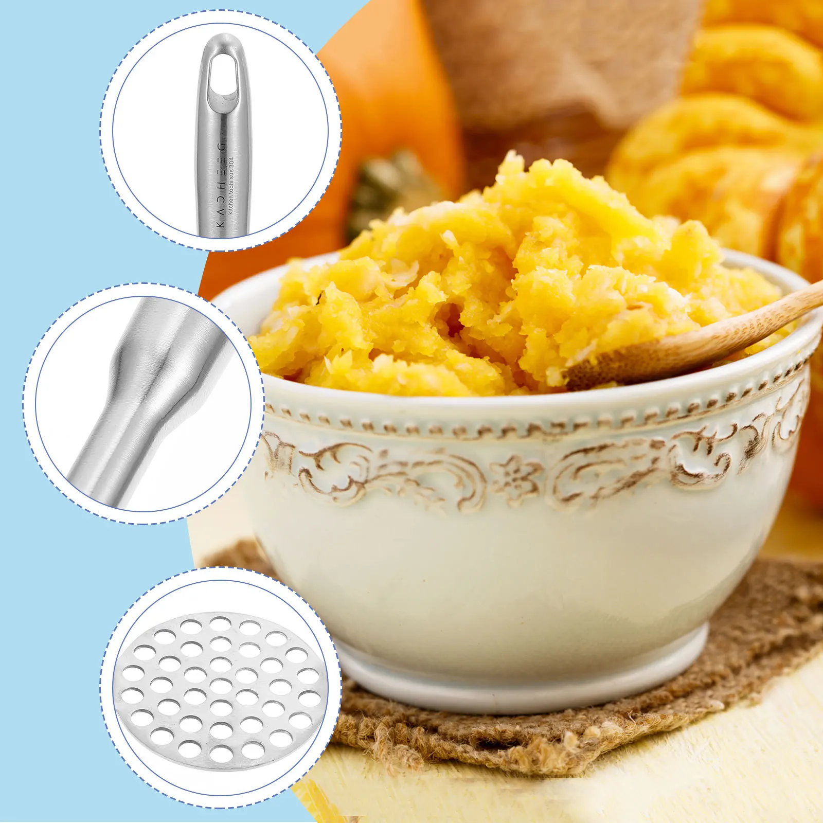 

Stainless Steel Potato Kitchen Tool Household Vegetable Masher Anti-Corrosion Wear-Resistant Manual Pumpkin Masher