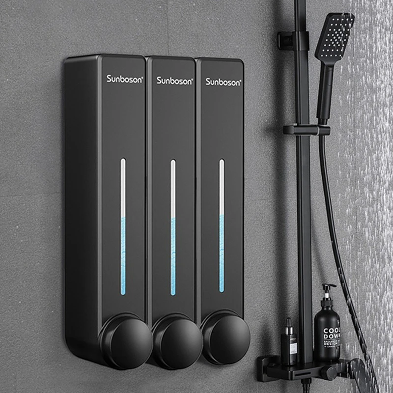Dispensador de Champú y Acondicionador - Dispensador de Jabón de Ducha de 3 Compartimentos Montado en la Pared, Sin Perforaciones, Capacidad de 450 ml, para Baño y Hotel