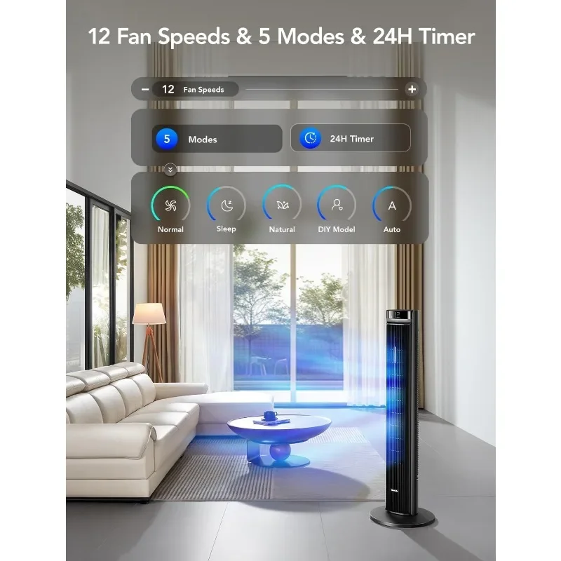 Умные напольные вентиляторы с 150 °, регулируемые, с приложением и голосовым управлением, 5 режимов 12 Скоростей до 26 футов/с, 24-часовой таймер, бесшумный 27 дБ
