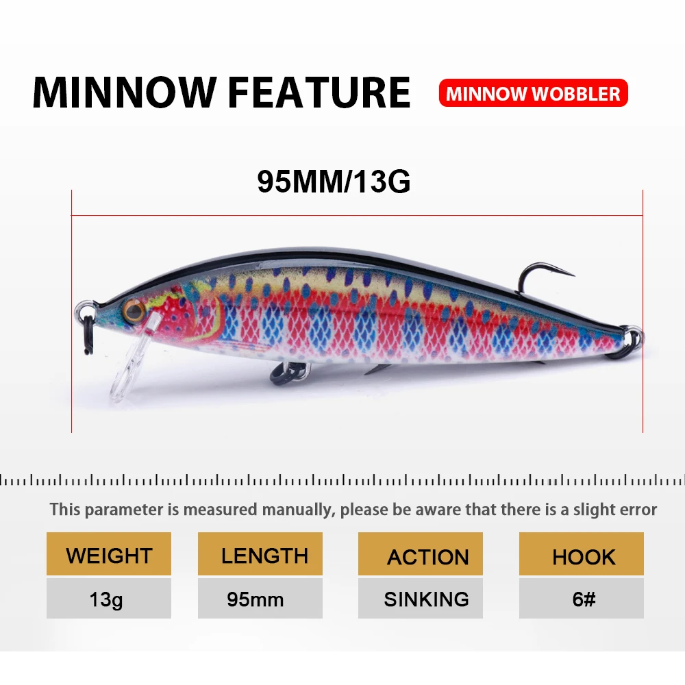 Agoie 3pcs 95mm 13g Sinking Minnow Fishing Lure Jerkbait Hard Wobblers for Bass Pike Trout