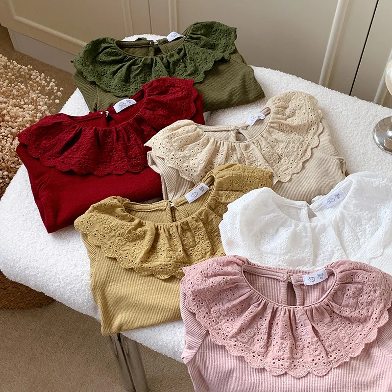 Baby Clothes Spring Girls Long Sleeve T-shirts Lace Lotus Collar Princess Kids Ribbed Bottoming Shirt Toddler Cotton Tops