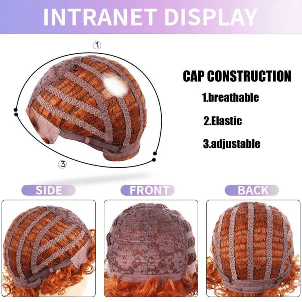 여성용 곱슬 가발, 코스튬 짧은 붉은 오렌지, 푹신한 합성 헤어, 코스프레 할로윈 파티 헤어