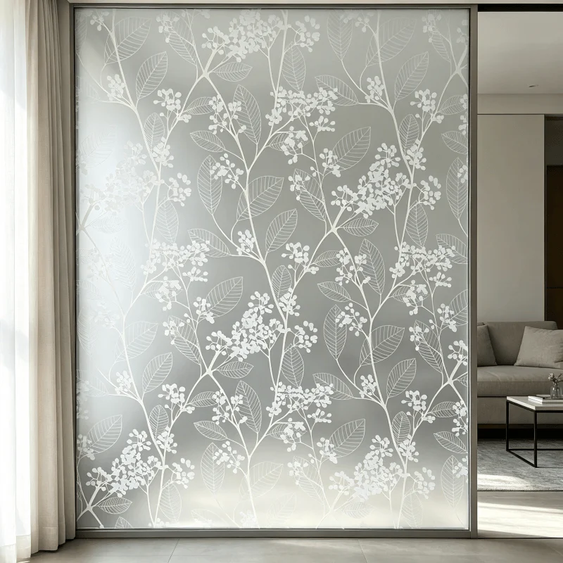 Self-Adhesive White Berry Leaf Frosted Window Film, Waterproof Anti-UV Removable No Residue Botanical Glass Sticker for Bathroom