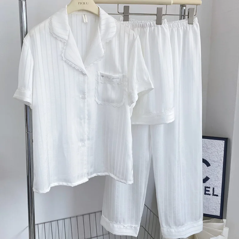 

White Ice Silk 3PCS Pajamas Set Elegant Women Home Clothes Lounge Wear Spring Summer Sleepwear Short Sleeve Shorts Pijamas Suit