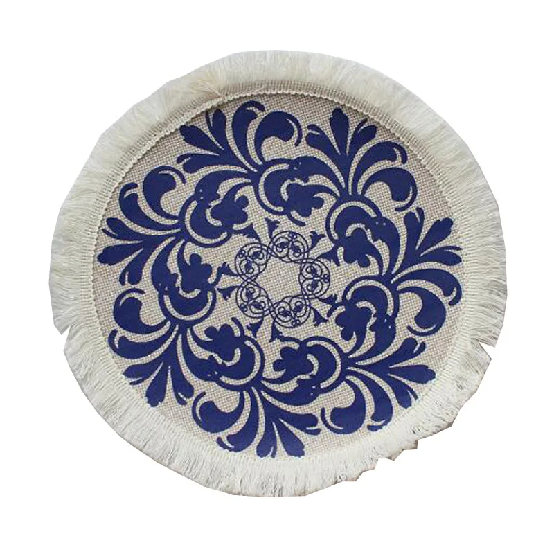 Table decoration and accessories blue and white porcelain round braid Printed table place mat tassels placemat coaster kitchen