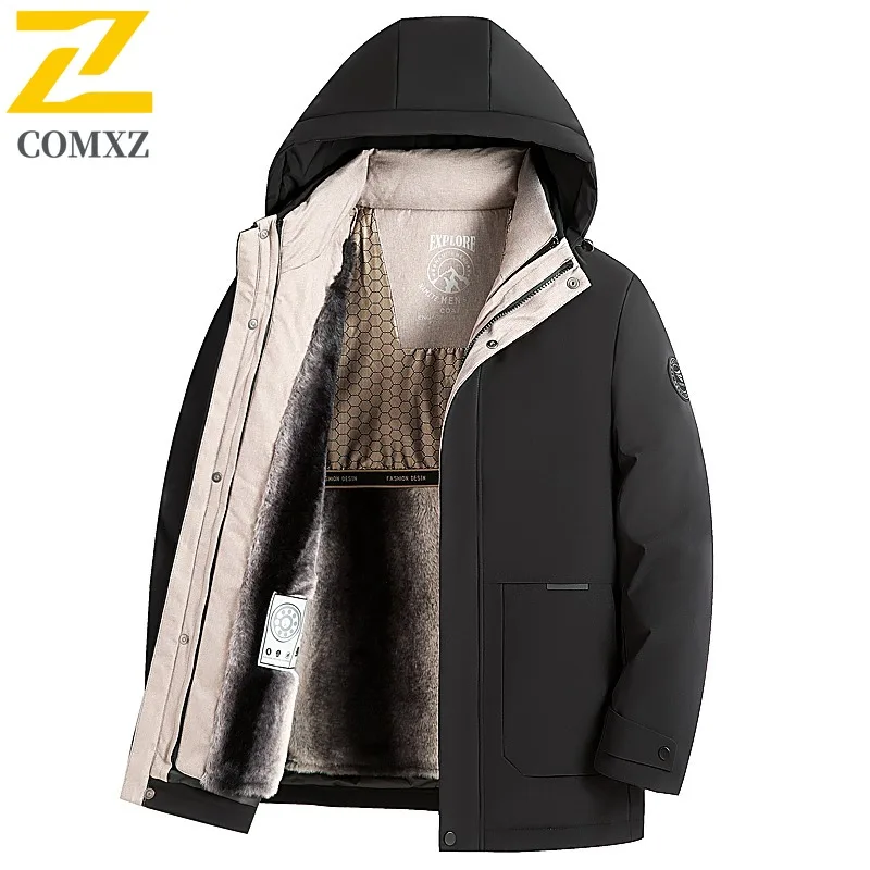 

COMXZ Warm Parker Coat Lightweight Thick Hooded Korean Style Skiing Puffer Jacket Street Solid Color Winter Jacket Mens Clothing