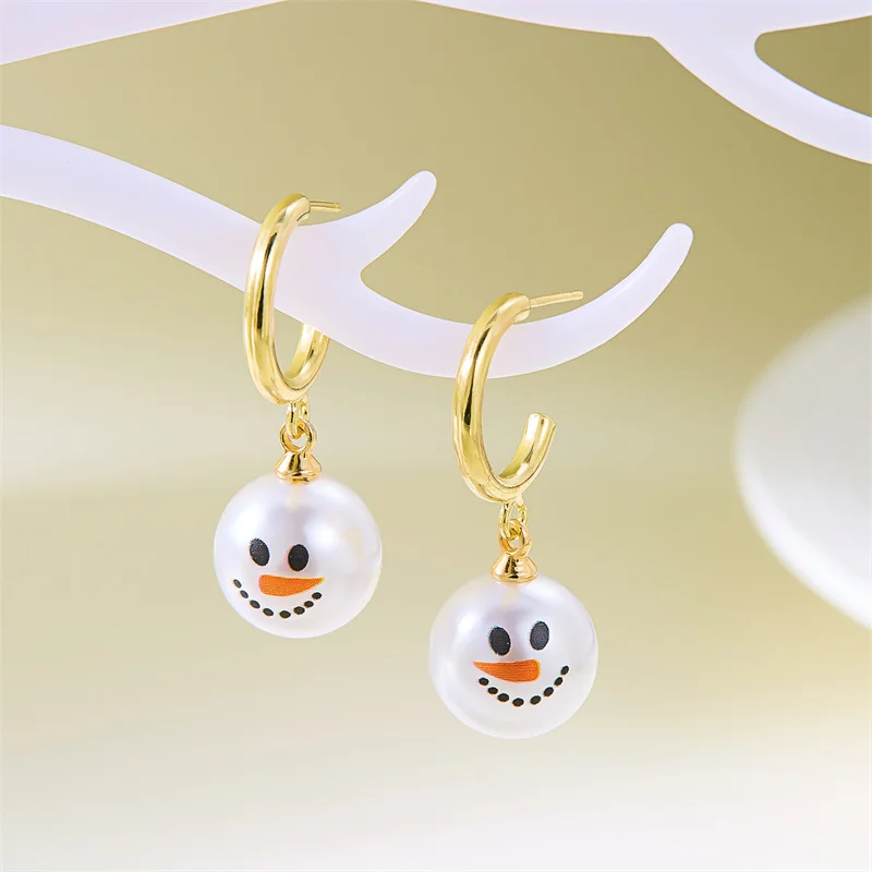 Fashion Christmas Snowman Imitation Pearl Drop Earrings for Women Shiny Rhinestone Snowflake Dangle Earring New Year Jewelry