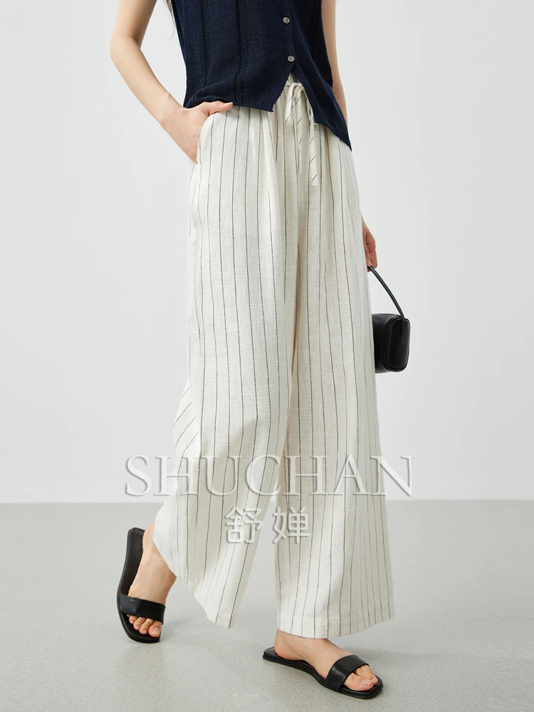 thin pants women literary and artistic relaxation tonality high-count cotton and linen fixed spinning classic vertical stripe