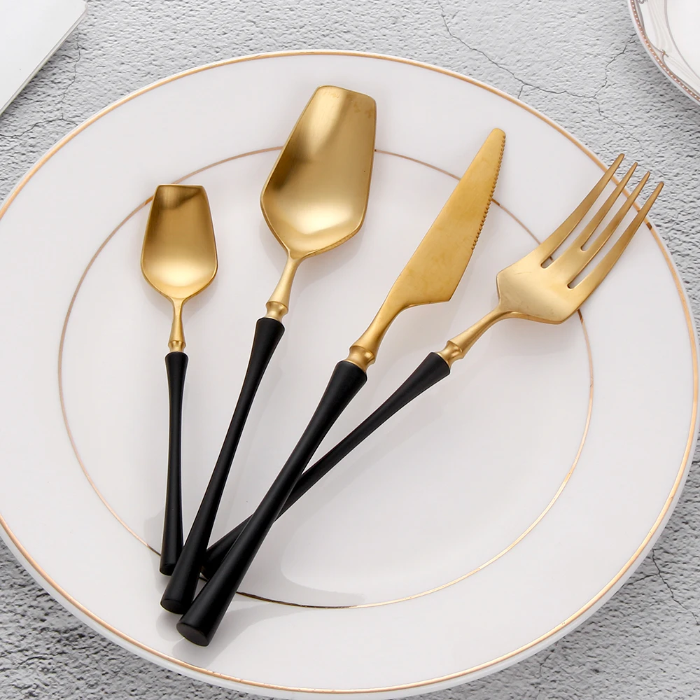 4/24Pcs Golden Cutlery Sets Matte Complete Stainless Steel Dinnerware Set Mirror Black Tableware Kitchen Knives Spoons and Forks