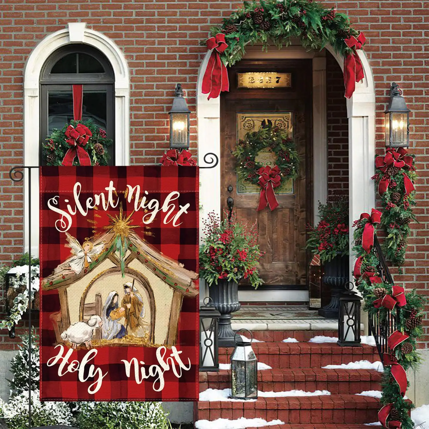 AVOIN colorlife Christmas Buffalo Plaid Nativity Silent Holy Night Garden Flag Double Sided, Jesus Christian Winter Yard Out jjp