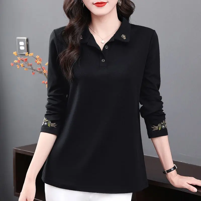 Women\'s Vintage Embroidery Polo Collar Elegant T-shirts Spring Autumn Korean Fashion Casual Long Sleeve Loose Tops Ropa De Mujer