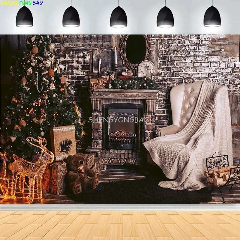 

Christmas Day Fireplace Photography Backdrops Prop illustration Window Living Room Interior Village House Theme Background HK-05