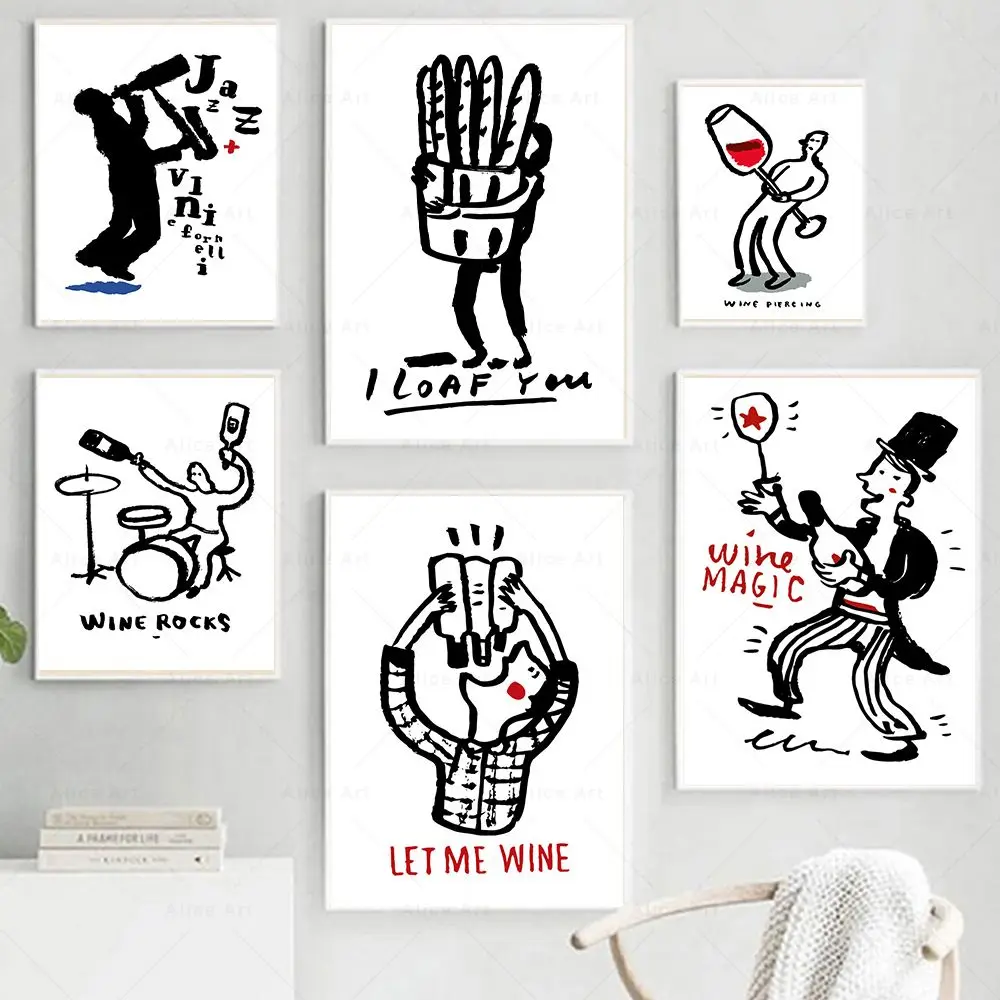 

Funny Drink Food Poster Abstract Wine Magic Bread Line Art Canvas Painting Nordic Wall Art Pictures Print Living Room Home Decor