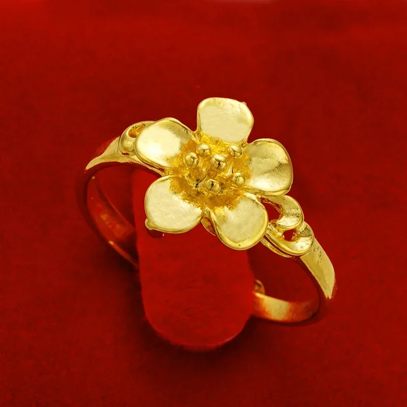 Real 18K Gold Color Ring for Women\'s Vintage Glossy Flowers Ring for Girlfriend Fashion Birthday Wedding Engagement Gifts
