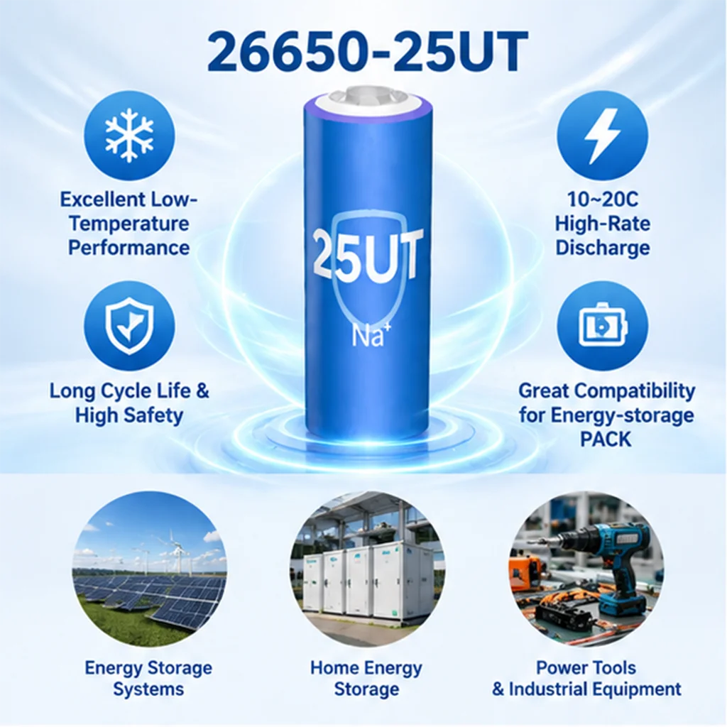 E-power 26650-25UT Sodium Ion Battery 3V 2.5Ah Grade A Na-ion Cell 0V Transport Low Temp for Solar E-scooter DIY Pack