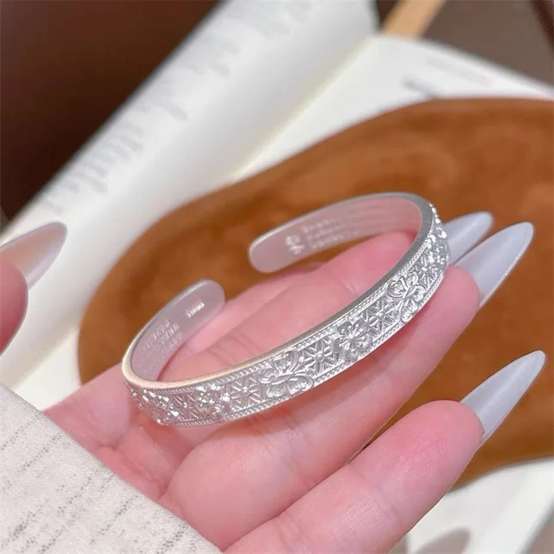 Lucky Charm 999 Sterling Silver Open Cuff Bangle Floral Rhombus Relief Pattern Vintage Ladies Bracelet