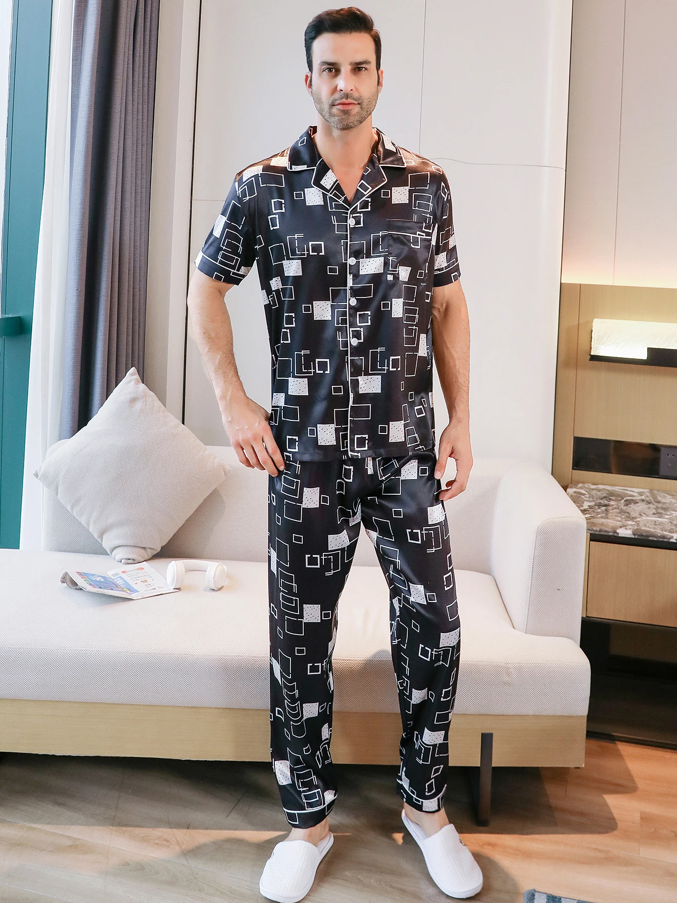 Two piece sets men's sleepwear summer short sleeved pants checkered printed home clothes sleepwear set