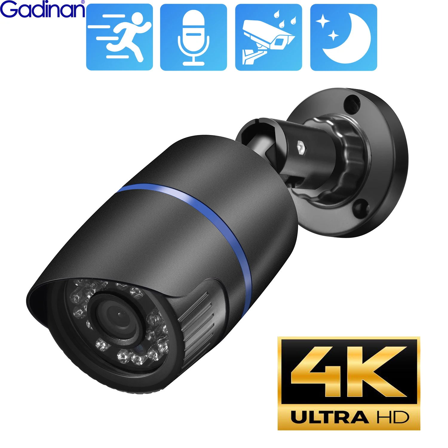 Gadinan 8MP 4K 5MP 4MP Wired Camera Bullet Waterproof Outdoor IP Camera Night Vision Audio Record Email Alert Wide Angle 2.8mm