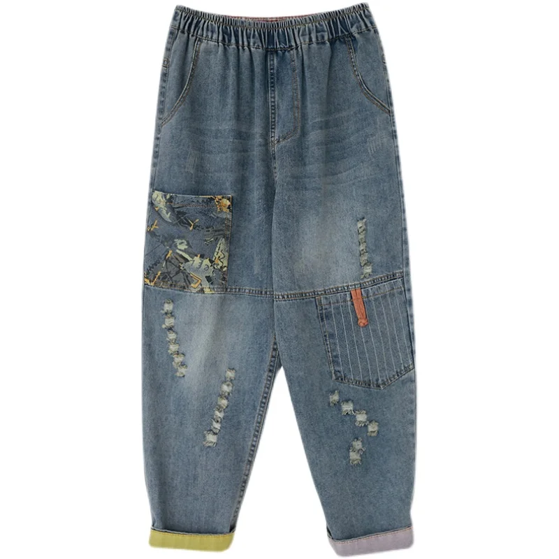 Dżinsy Waed Denim z wysokim stanem, luźne, damskie, wielokolorowe, wiosenno-jesienne, nowe, w stylu retro, spodnie typu kales, spodnie harlan, ciemny kolor.