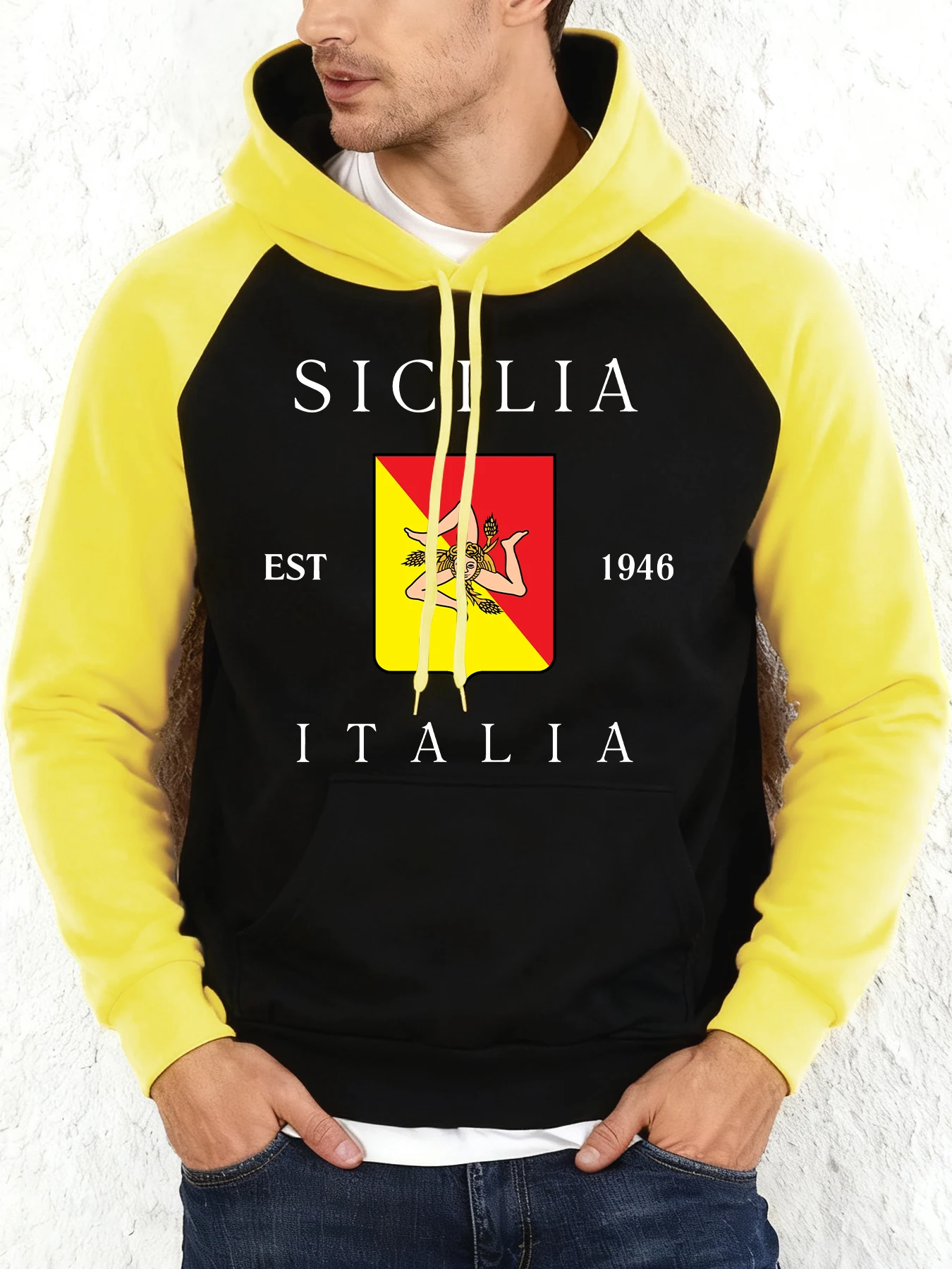 صقلية إيطاليا Est 1946 طباعة الخريف الرجال راجلان هودي جيب الموضة Y2K هوديس الهيب هوب فضفاض البلوز ملابس الصوف غير رسمية