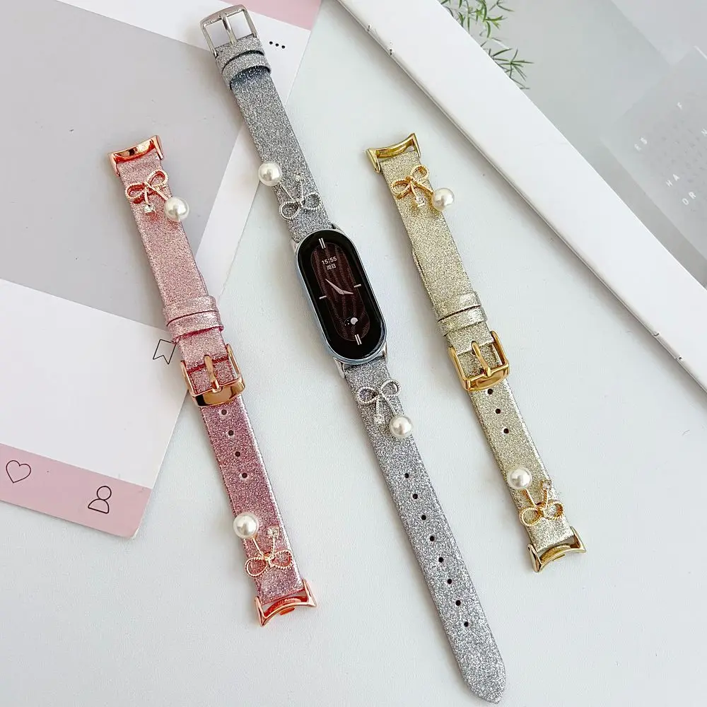 

Блестящие кожаные ремешки для Mi Band 10 9 8, браслеты с бантом для Xiaomi Watch 8 Pro 9 Pro, ремешки для Redmi 4 5 6, блестящие браслеты