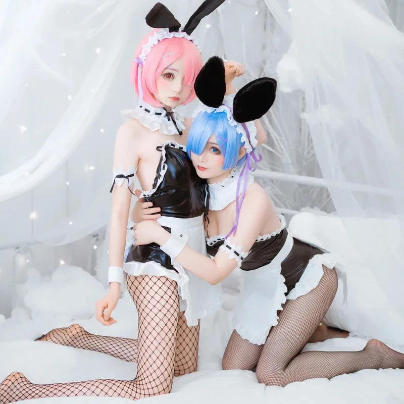 

2025 Cosplay Costume Lolita Rem Ram apron Maid Uniform Bunny Girl Sexy Erotic Jumpsuit