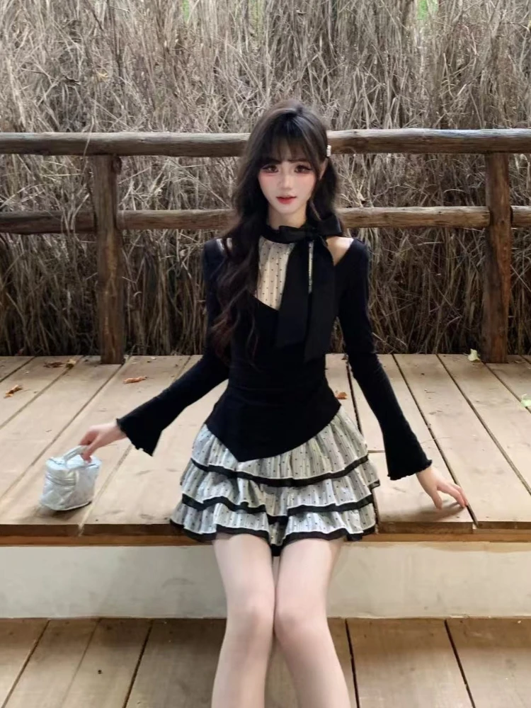 French Sexy Princess Long Sleeve Skirt Suit Aesthetic Sweet Slim Lace Patchwork Set Bow Fashion Party Two Piece Sets 2024 Winter