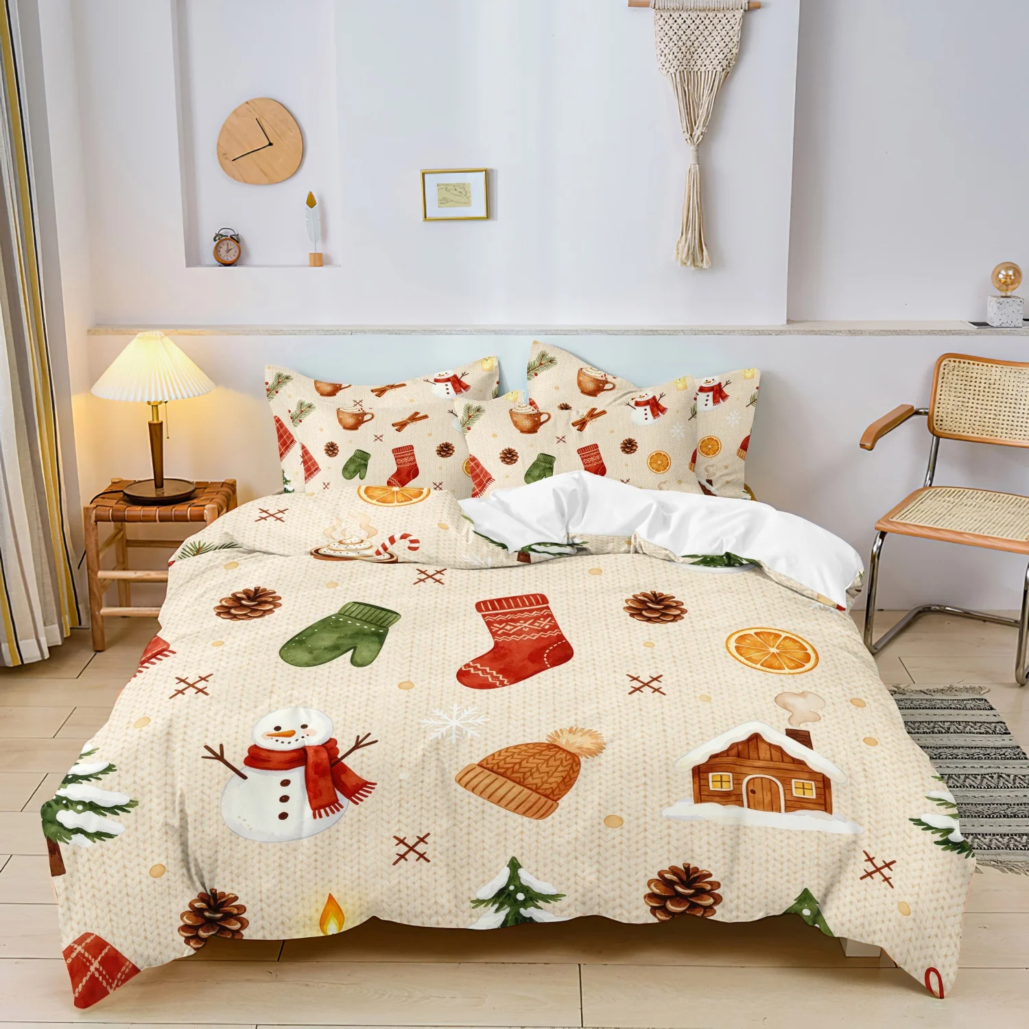 3Pcs Rustic Winter Christmas Duvet Cover Set, Snowman Hot Cocoa Knitted Sock Glove Pine Cone Cabin Orange Slice Print Bedding