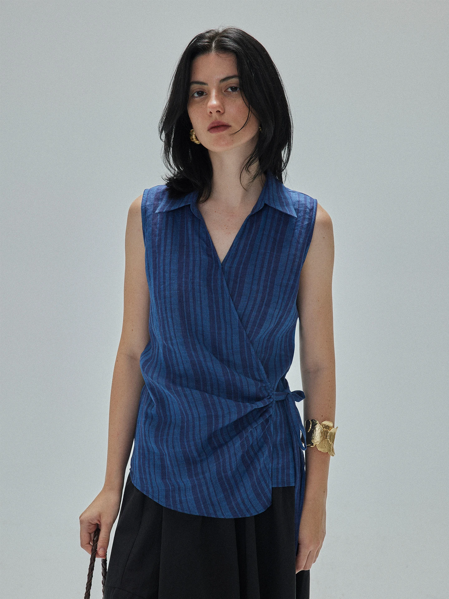 

Moofeel Linen Stripe Svel irt Summer 2025 Belted Waist Cinched Chic Top Women's Faion Commute Sle Thin Fabric