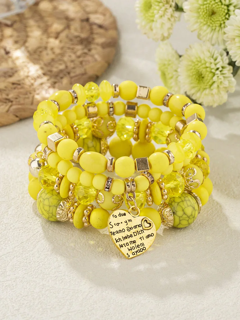 4-teiliges Boho-Armband-Set mit Kristallperlen und Kettendesign für Damen, Vintage-Herzanhänger, elastisches Armband, modischer Party-Schmuck für Frauen – Detail 23