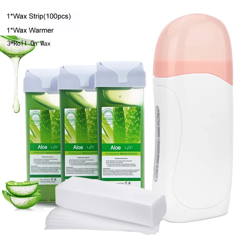 2026 Aloe Painless Wax Roll set & With Wax Cartridges And Wax Strips 3 In 1 Soft Wax Heater Kit Wax Paper Waxing Removal Warmer