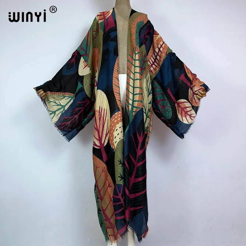 WINYI kimono boho print beach cover-up Elegant coat sexy Africa coat beach outfits for women Perspective cardigan beachwear