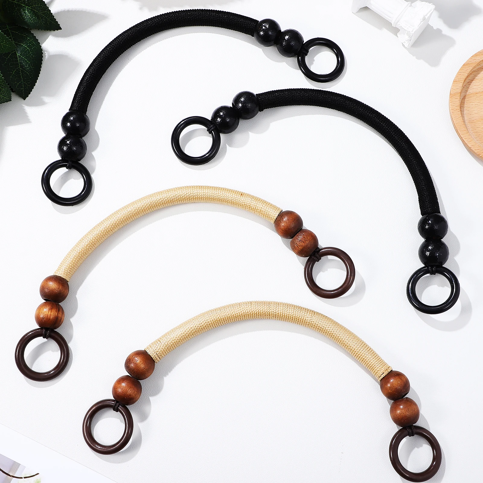 

4 pcs Wooden Bead Handles Nylon Rope Set for Bag Making Purse Handbag Straps Accessories Natural Coffee Color