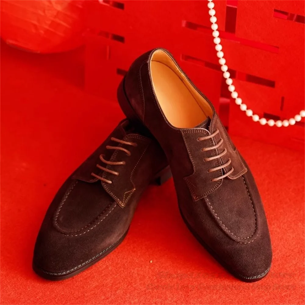 

Retro Suede Leather Shoes Men Round Toe Height Increasing Comfortable British Style Lace Up Business Formal Wedding Shoes