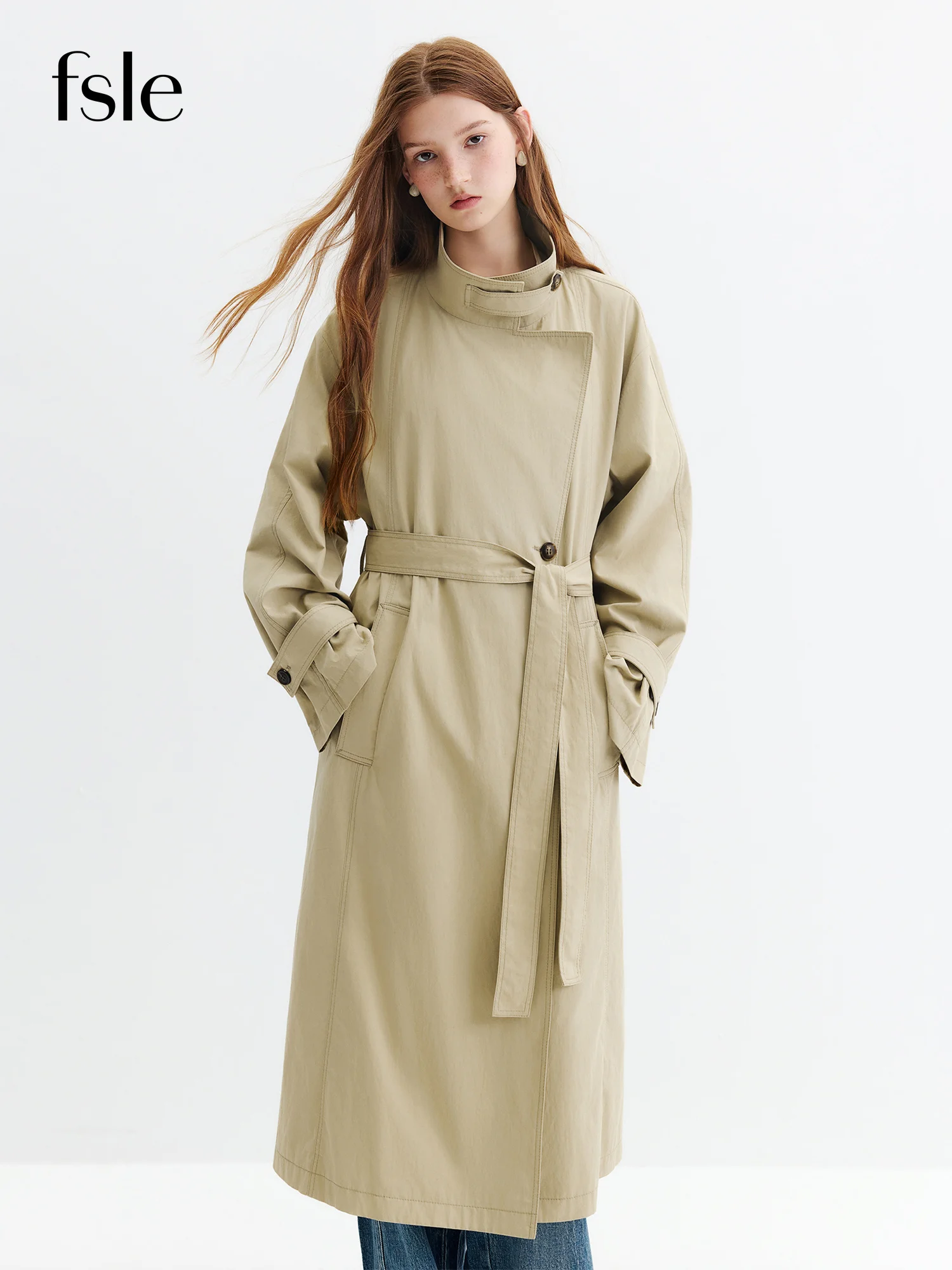 FSLE 2026 Autumn Women's Effortless Relaxed Stand Collar Mid-Length Trench Coat - Oversized Loose Fit for Casual Daily Wear