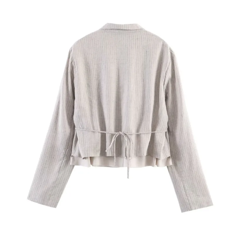 Women's Stripe Blazer Coats Mid-rise pleated trousers Long Sleeve Lace Up Tops high waisted pants set  Female Retro Outerwear