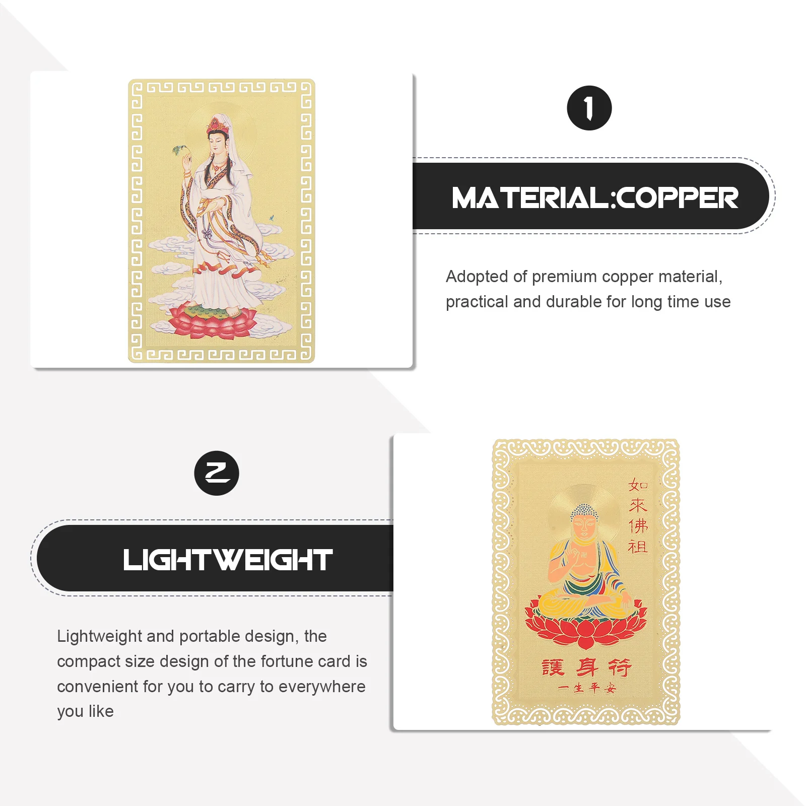 2Pcs Chinese Amulet Card Guanyin Image Metal Traditional Fortune Card Decorative Protection Amulet for Home Car