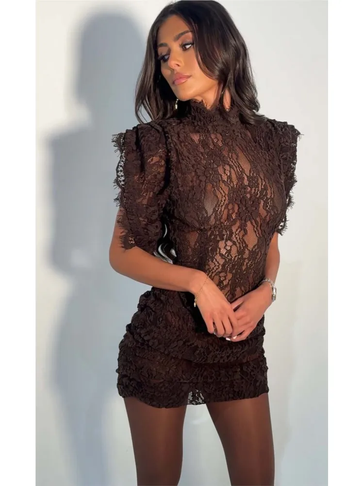 

Fashion Lace Dress Fashion Retro Half High Collar Sleeveless Slim Wrap Hips Mini Dress Women's Sexy Party Dress Female Clothing