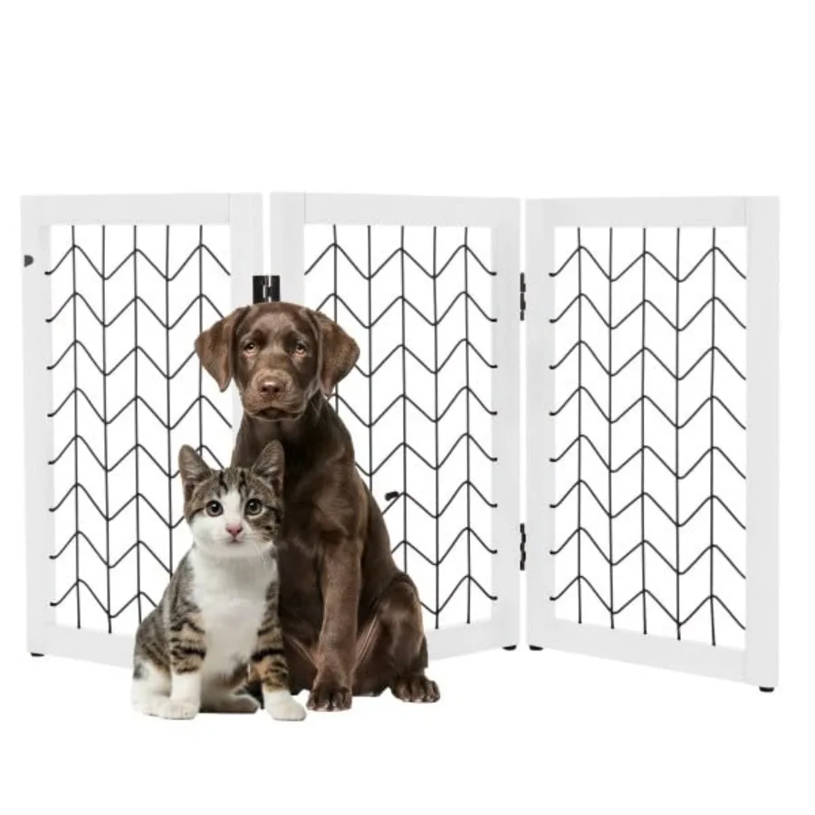

Freestanding Dog Gate - 3-Panel Foldable Indoor Pet Fence - 55x24-Inch Sturdy Metal and Wood Dog Gate - Pet Barrier for Stairs