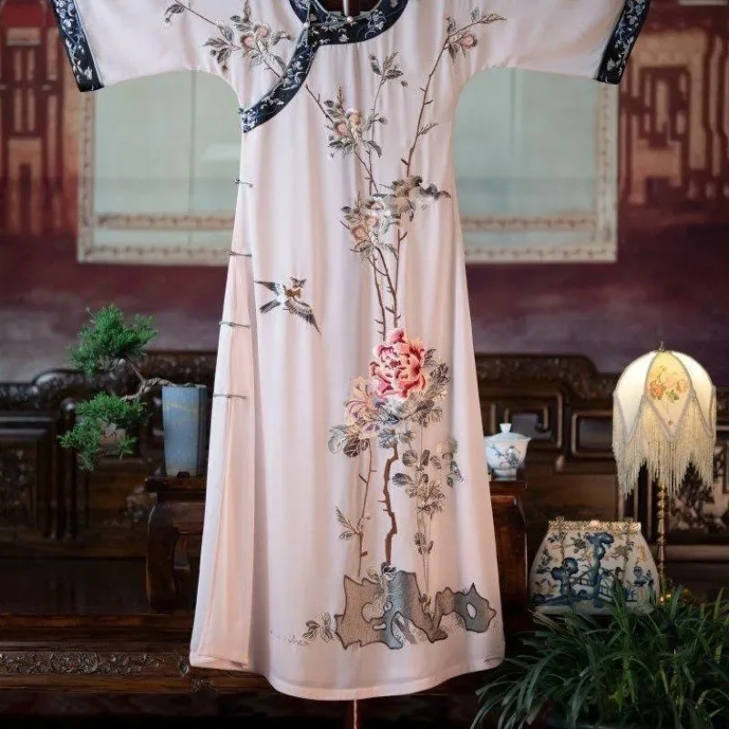 Robe chinoise d'été à col rond et manches mi-longues, imprimé abricot, Cheongsam moderne pour femmes, robes de soirée élégantes, Costumes de fête