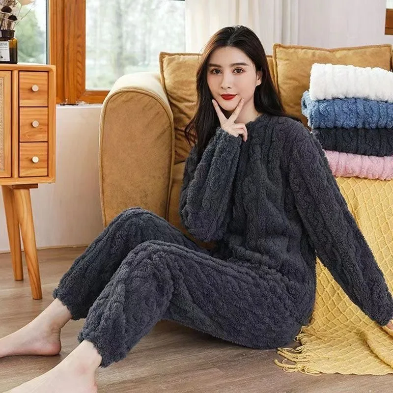 Women\'s Winter Coral Velvet Fairy Jacquard Loose Plus-size Casual Pants Home Wear Pajama Set Warm Can Be Worn Outside