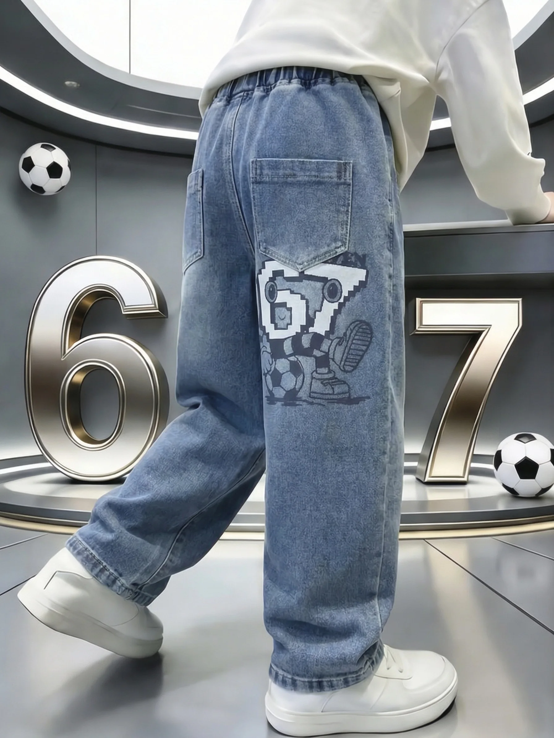 Original-Jeans für Jungen, trendige, gewaschene Denim-Hosen, Jungen-Cartoon-Druck mit der Nummer „67“, locker sitzende lange Hosen für Kinder – Detail 6