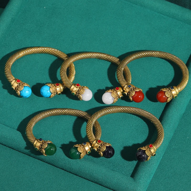 

Vintage Natural Stone Bracelet Beewax Yellow Lapis Lazuli Rhinestone Pink Cuff Bangle Agate Luxury Antique Gold Color 7 Colors