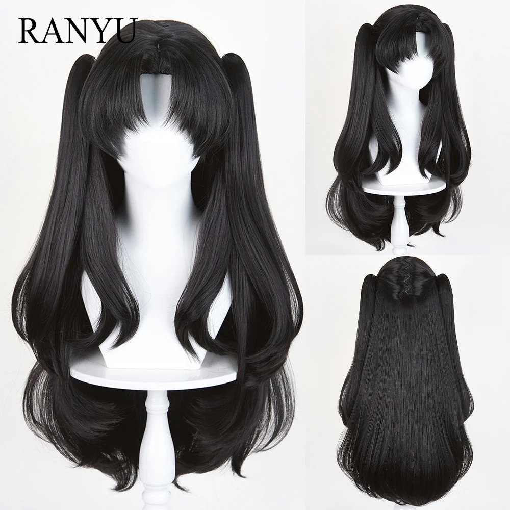Black Synthetic Long Straight Wigs Middle Part Anime Game Cosplay Wig with Double Ponytail Clip for Daily Party