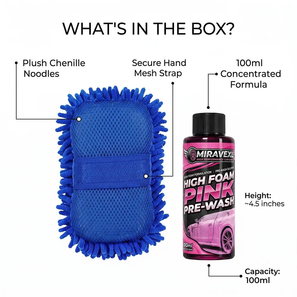 MIRAVEXL Pink Pre-Wash Foam & Chenille Mitt Set: Professional Auto Detailing Supplies for High-Foam Wash & Ultra-Soft Care