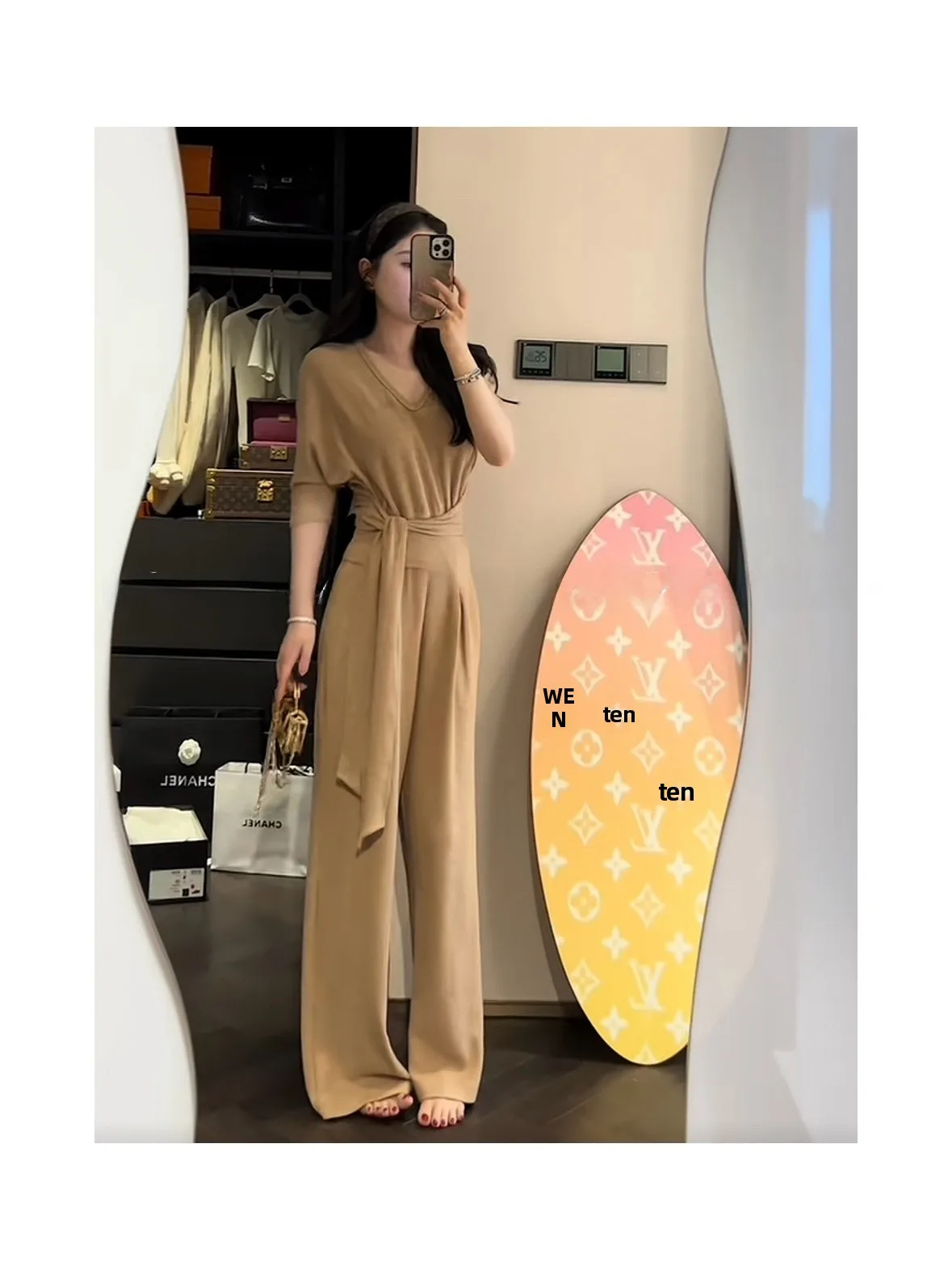 

Simple Elegance Knitted Top Wide Leg Pants Set Belted Slimming Fashion Spring Two Piece Women's Ensemble V Neck Overhead