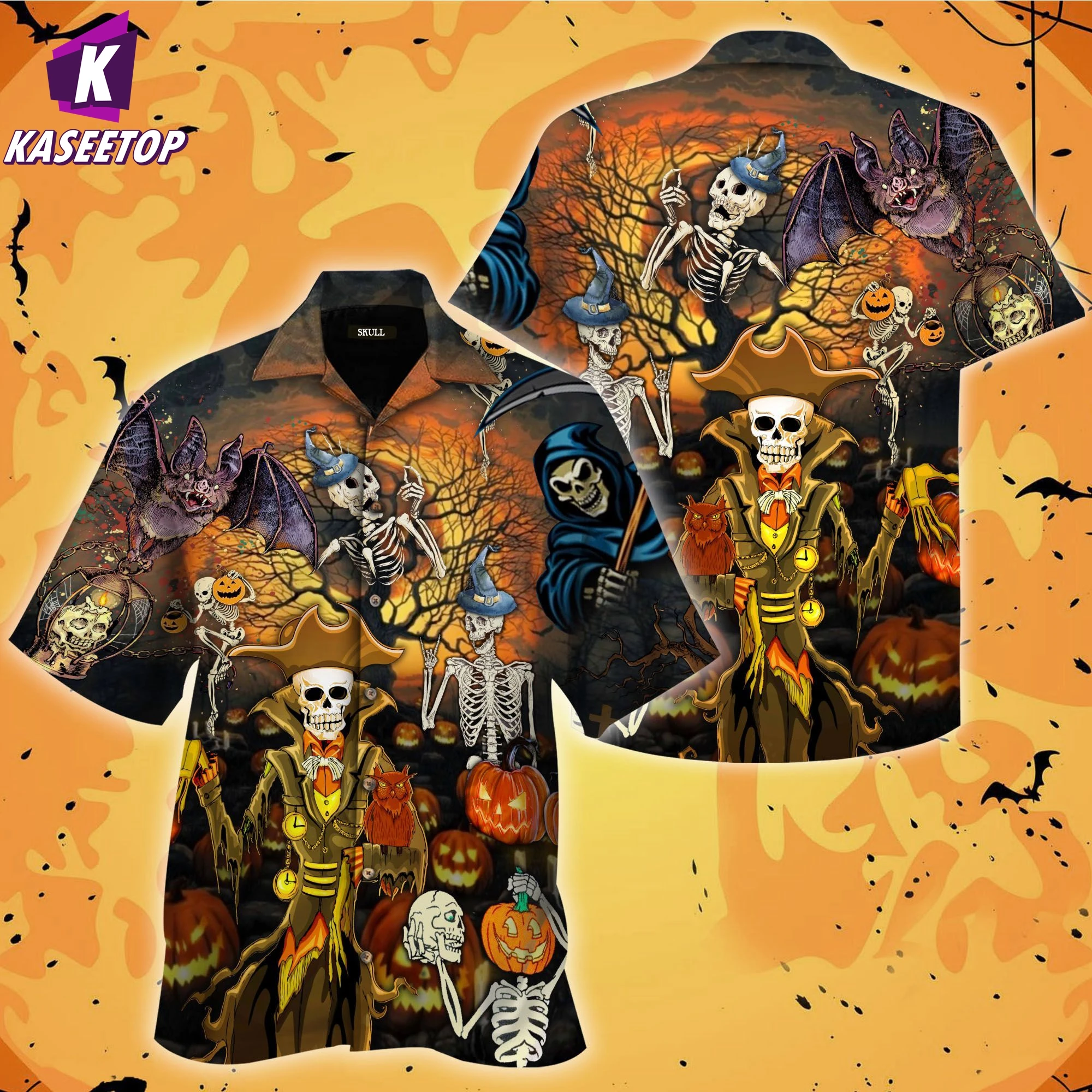 Camiseta hawaiana con estampado 3D para hombre, camisa de manga corta con calavera de Halloween y calabaza, Top informal a la moda con botones sueltos de verano