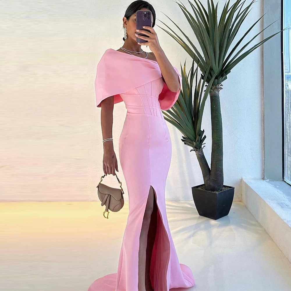 

Elegant Special Occasion Dresses Saudi Jersey Mermaid/Trumpet Graduation Dress Lilac Off-the-shoulder Split Cap Sleeve Prom Gown